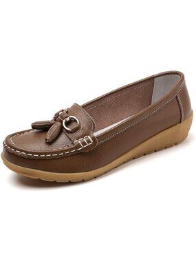 Women Dark Brown Leather Round Toe Slip-on Boat Comfort Soft Sole Leather